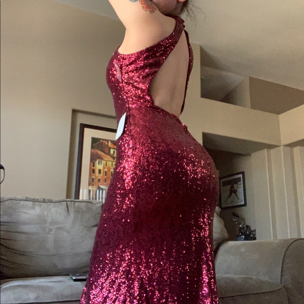 B Darlin Burgundy Sequin Evening Gown